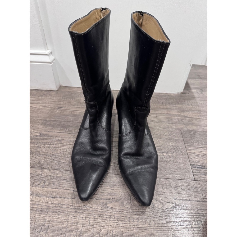 Vintage Made in Italy Black Leather Kitten Heel Pointed Toe Mid Calf Boots 9